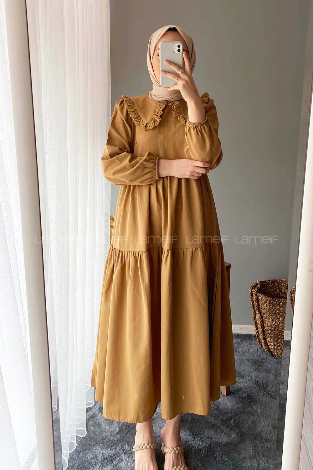 Modalamelif Yaka Dantelli Elbise Camel