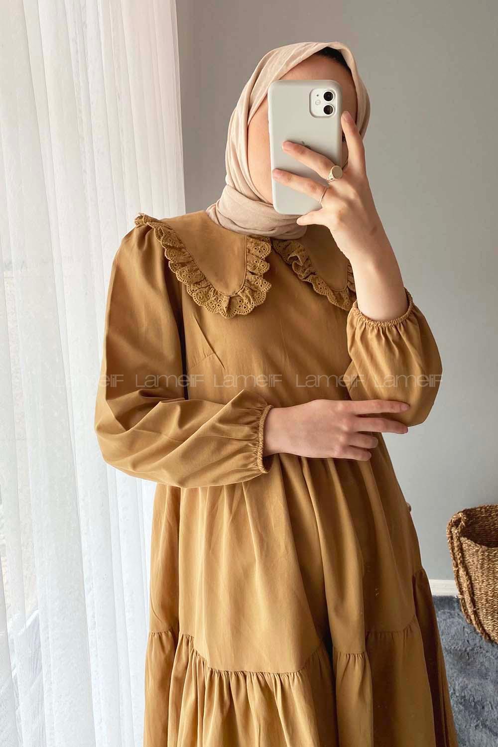 Modalamelif Yaka Dantelli Elbise Camel
