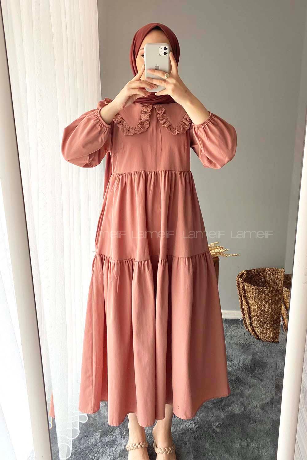 Modalamelif Yaka Dantelli Elbise Gül