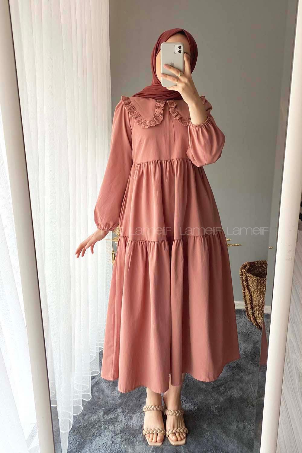 Modalamelif Yaka Dantelli Elbise Gül