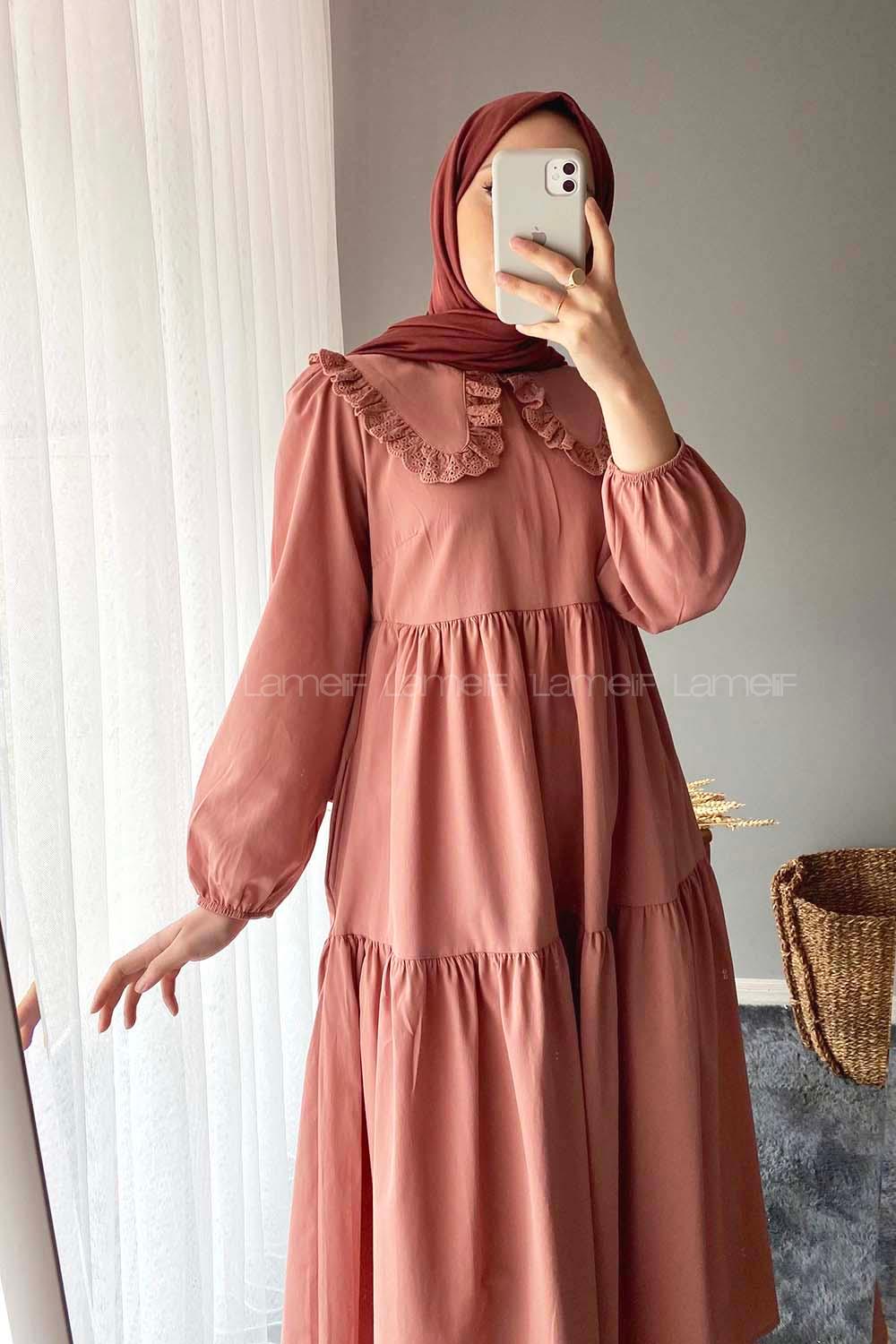 Modalamelif Yaka Dantelli Elbise Gül