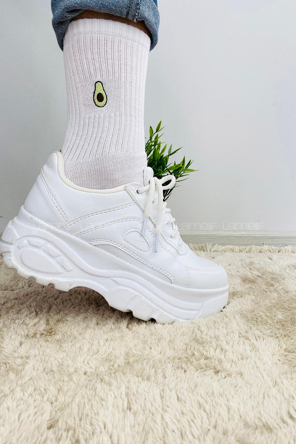 Modalamelif Avakado Nakış İşlemeli Çorap Beyaz