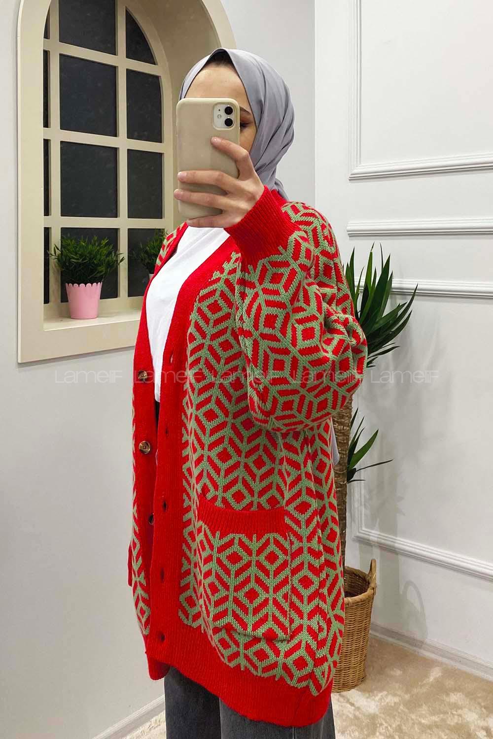 Modalamelif Çift Cepli Desenli Hırka Kırmızı