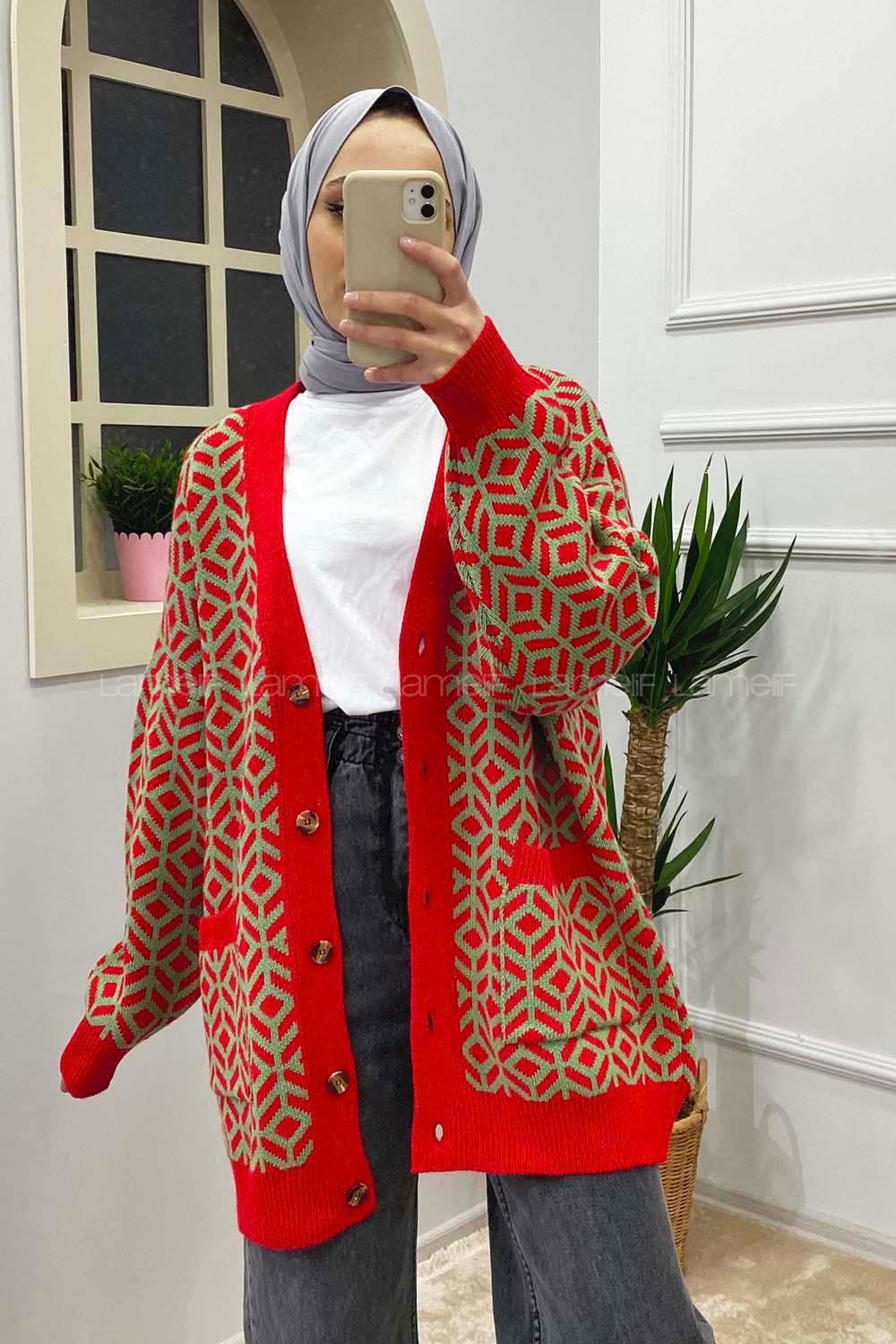 Modalamelif Çift Cepli Desenli Hırka Kırmızı