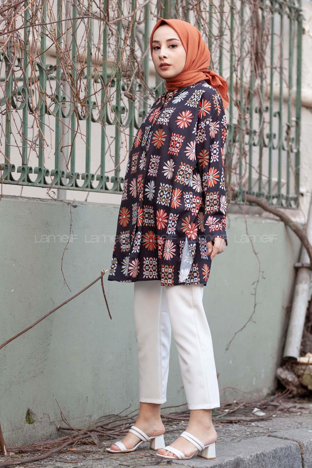 Modalamelif Çiçek Desen Dijital Baskı Gömlek Siyah