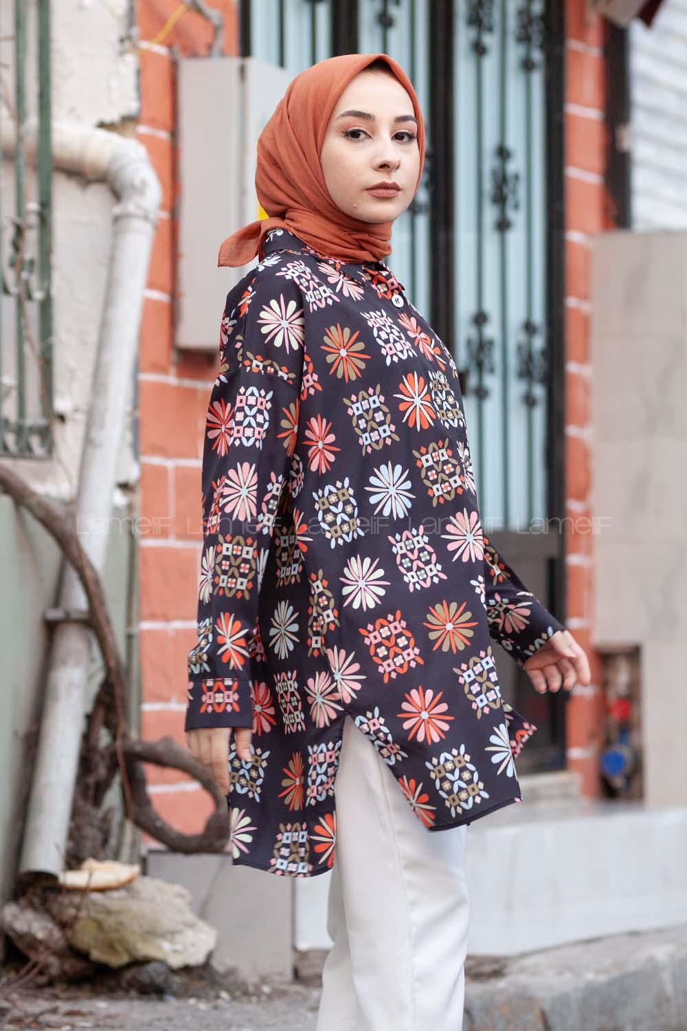 Modalamelif Çiçek Desen Dijital Baskı Gömlek Siyah