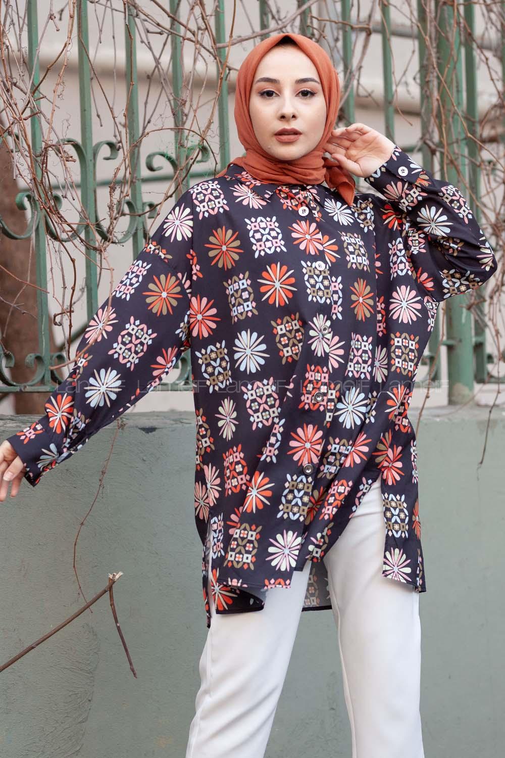 Modalamelif Çiçek Desen Dijital Baskı Gömlek Siyah