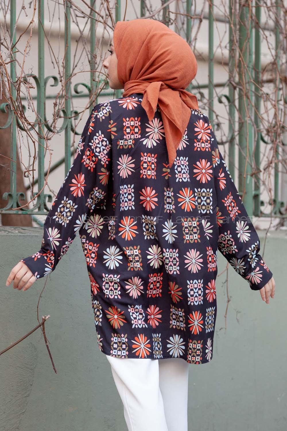 Modalamelif Çiçek Desen Dijital Baskı Gömlek Siyah