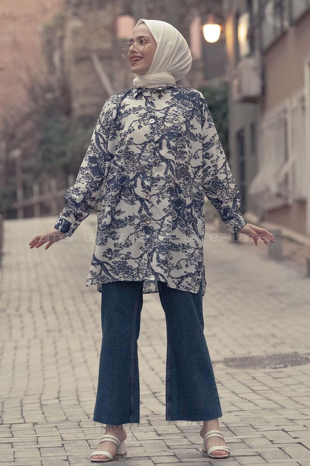 Modalamelif Kilim Desen Dijital Baskı Gömlek Lacivert