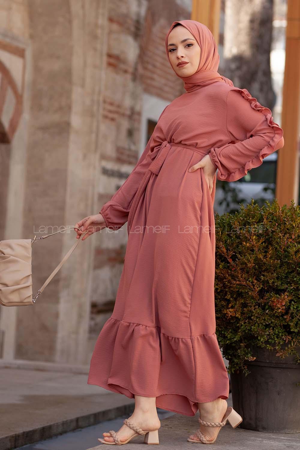 Modalamelif Kol Fırfırli Elbise Gül