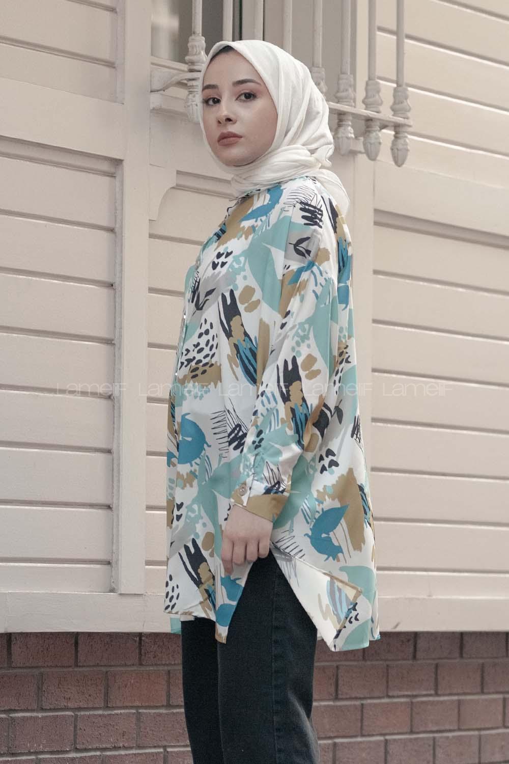 Modalamelif Soyut Desen Dijital Baskı Gömlek Mint