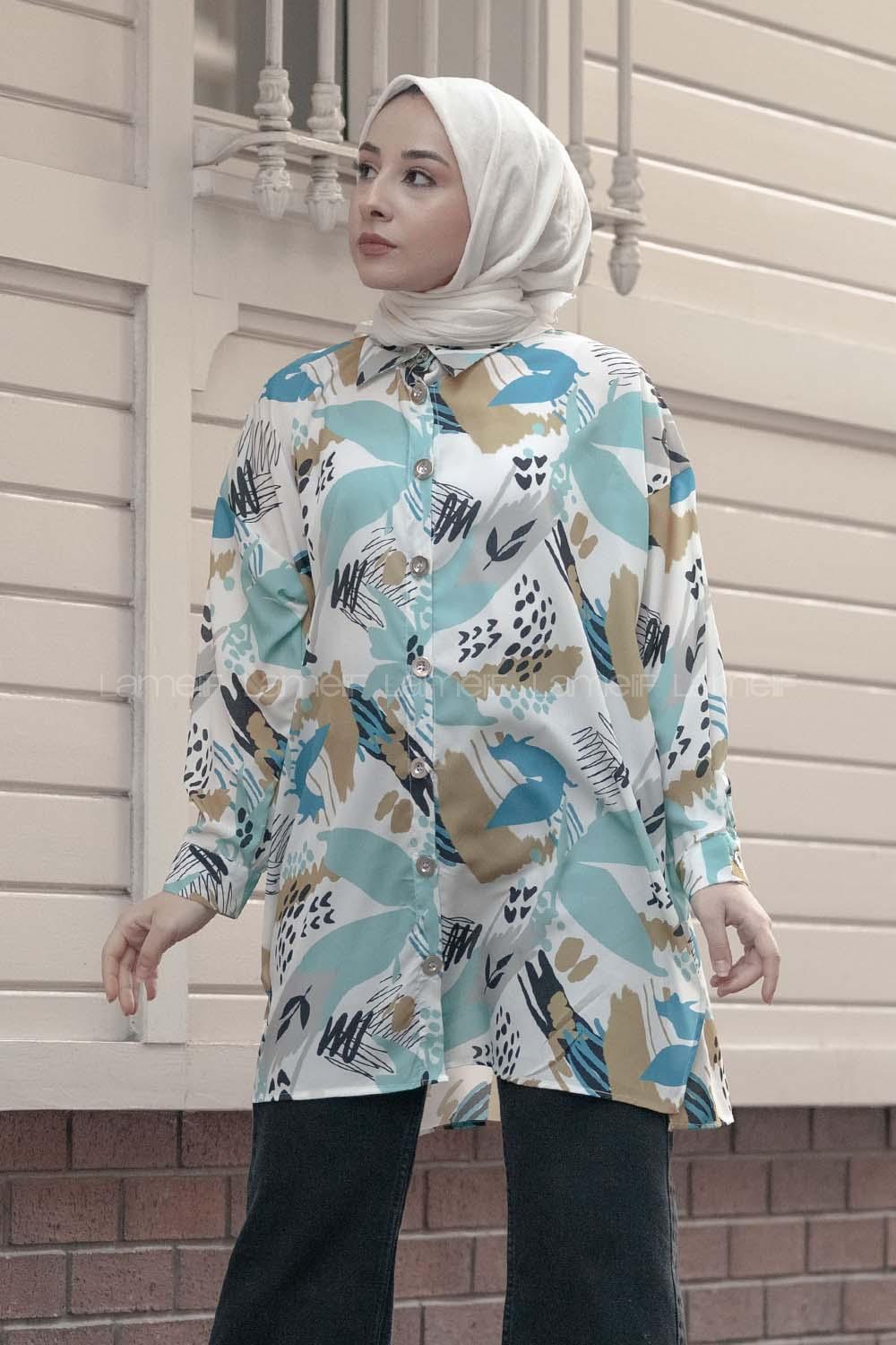 Modalamelif Soyut Desen Dijital Baskı Gömlek Mint