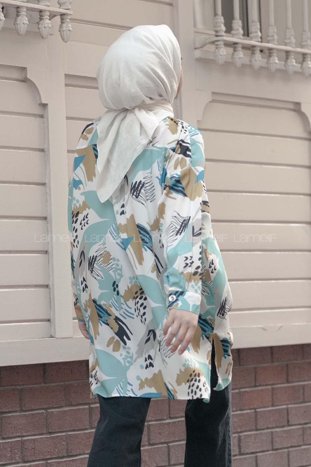 Modalamelif Soyut Desen Dijital Baskı Gömlek Mint