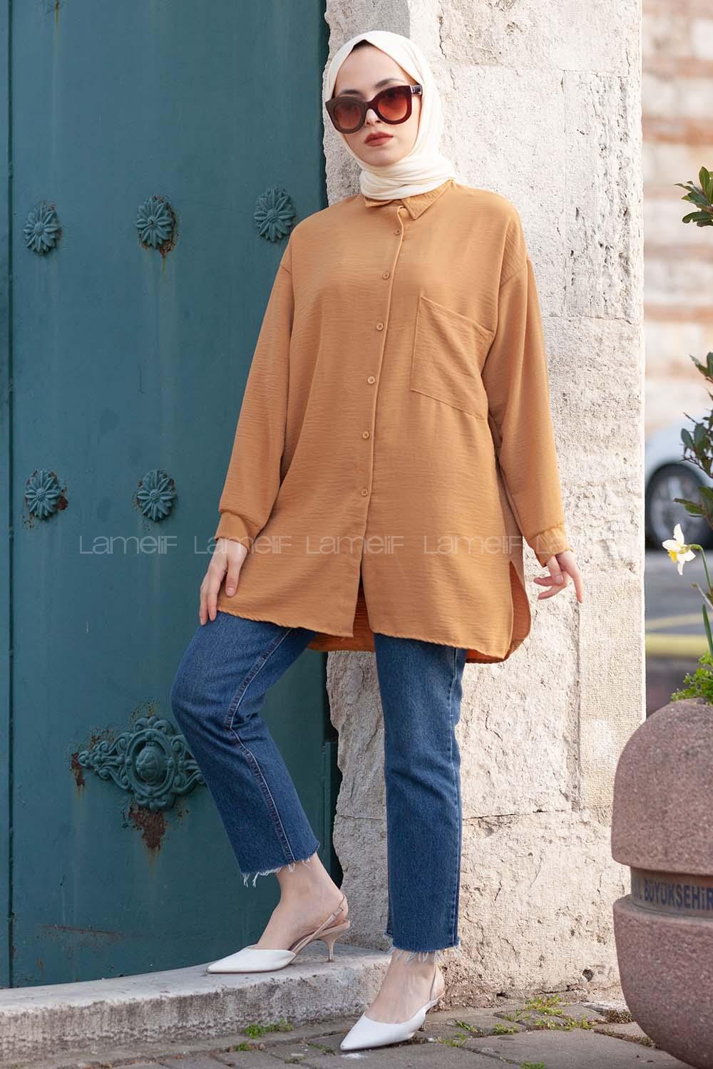 Modalamelif Yırtmaçlı Efil Gömlek Camel