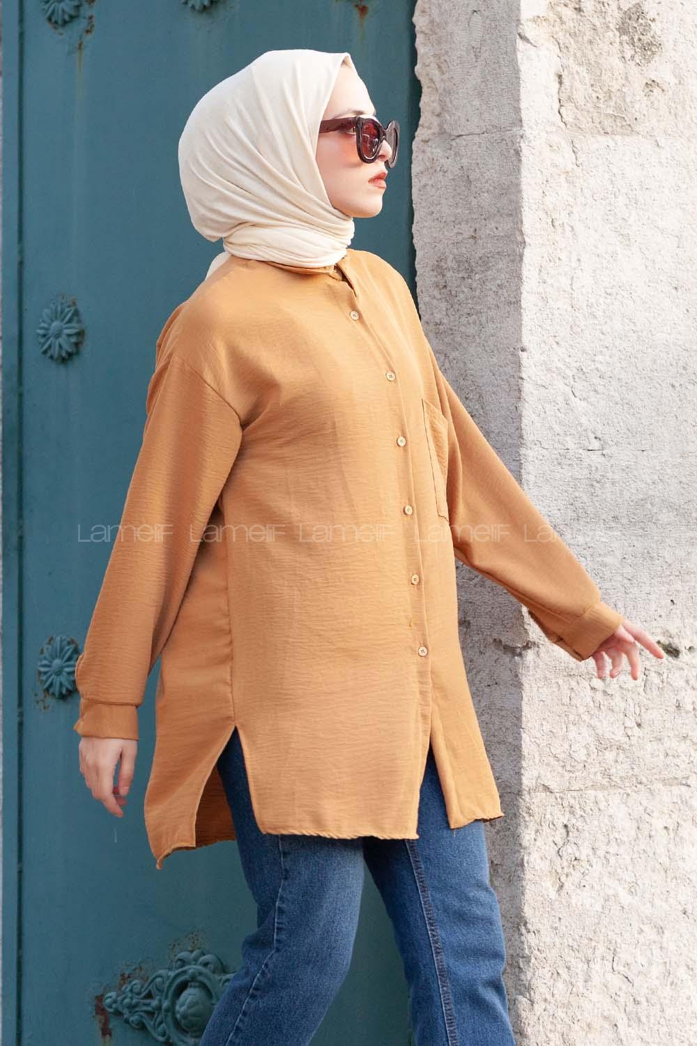 Modalamelif Yırtmaçlı Efil Gömlek Camel