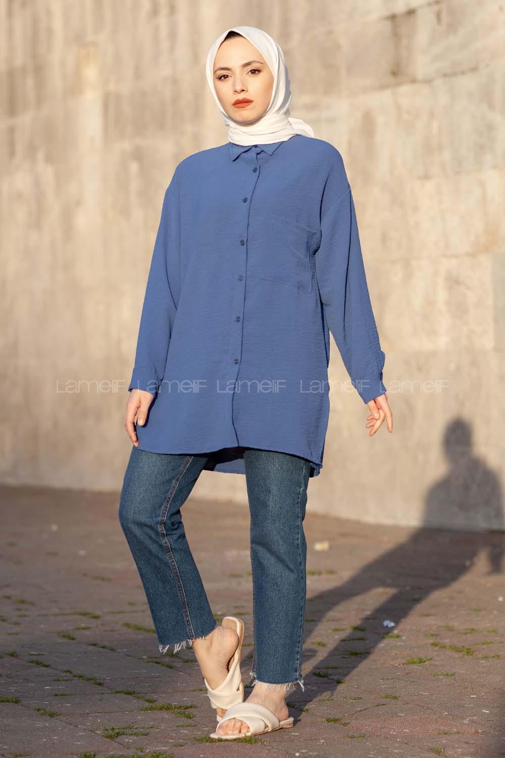 Modalamelif Yırtmaçlı Efil Gömlek İndigo