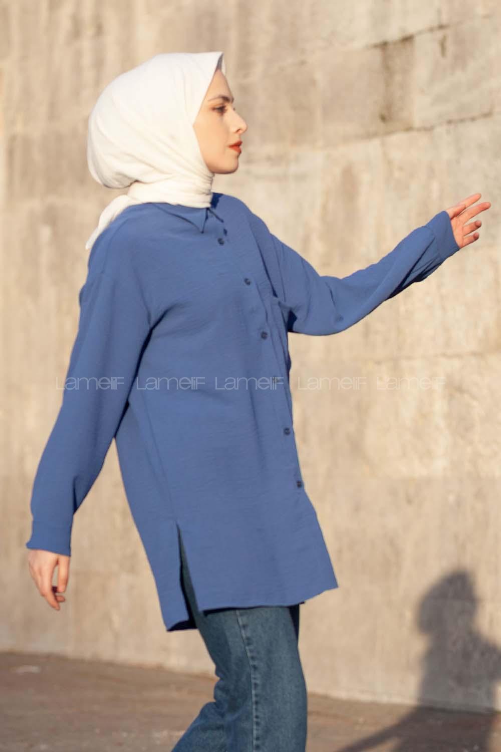 Modalamelif Yırtmaçlı Efil Gömlek İndigo