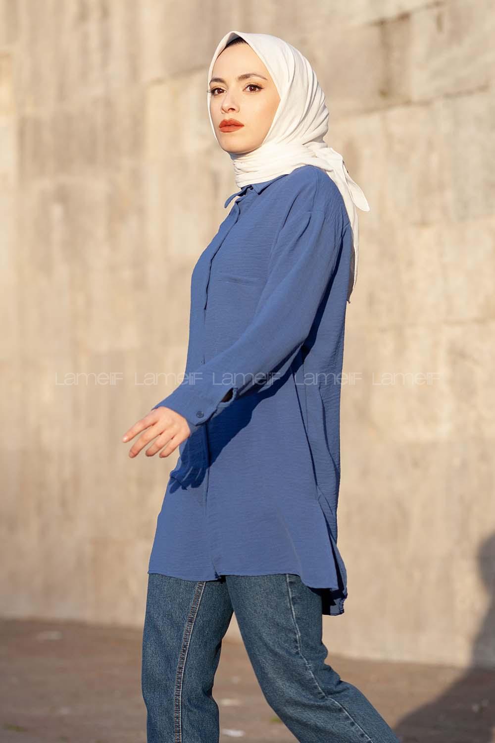 Modalamelif Yırtmaçlı Efil Gömlek İndigo