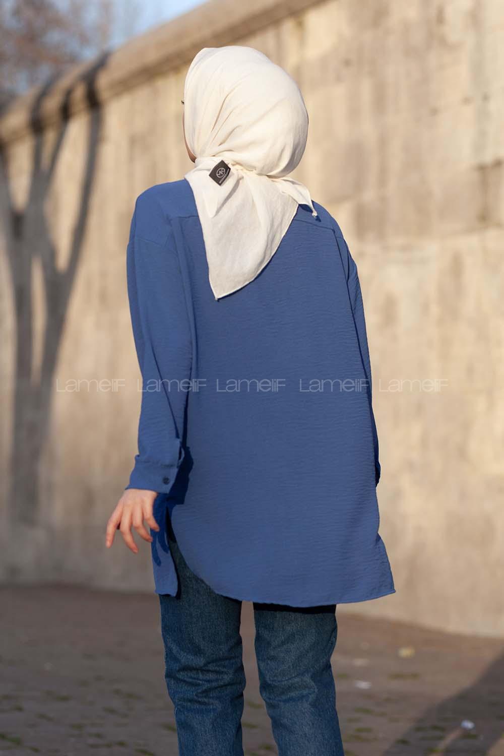 Modalamelif Yırtmaçlı Efil Gömlek İndigo