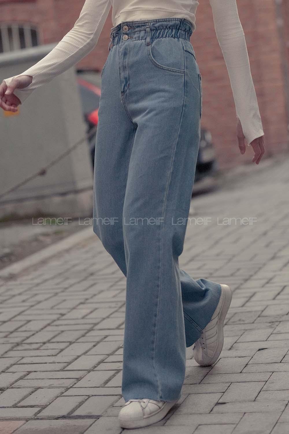 Lamelif Bel Lastikli Bol Paça Mom Jean Açık Mavi