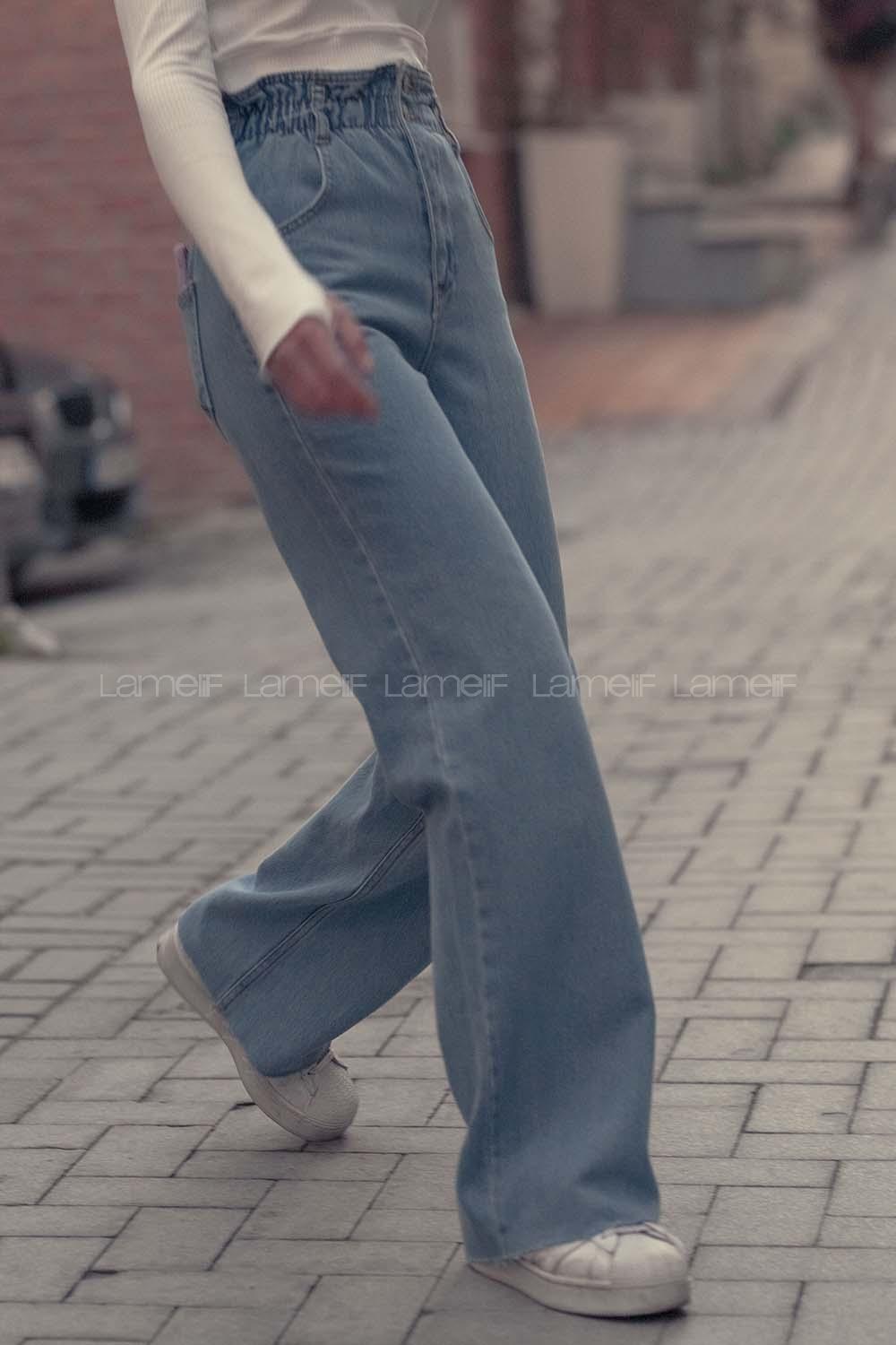 Lamelif Bel Lastikli Bol Paça Mom Jean Açık Mavi