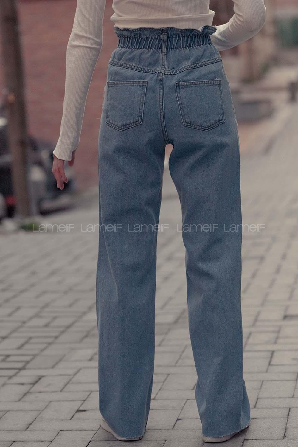 Lamelif Bel Lastikli Bol Paça Mom Jean Açık Mavi