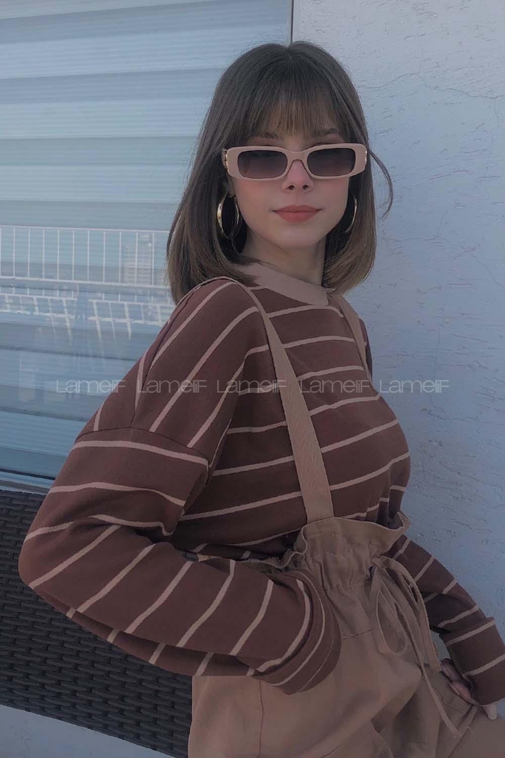 Modalamelif Bisiklet Yaka  Çizgili Sweatshirt Acı Kahve