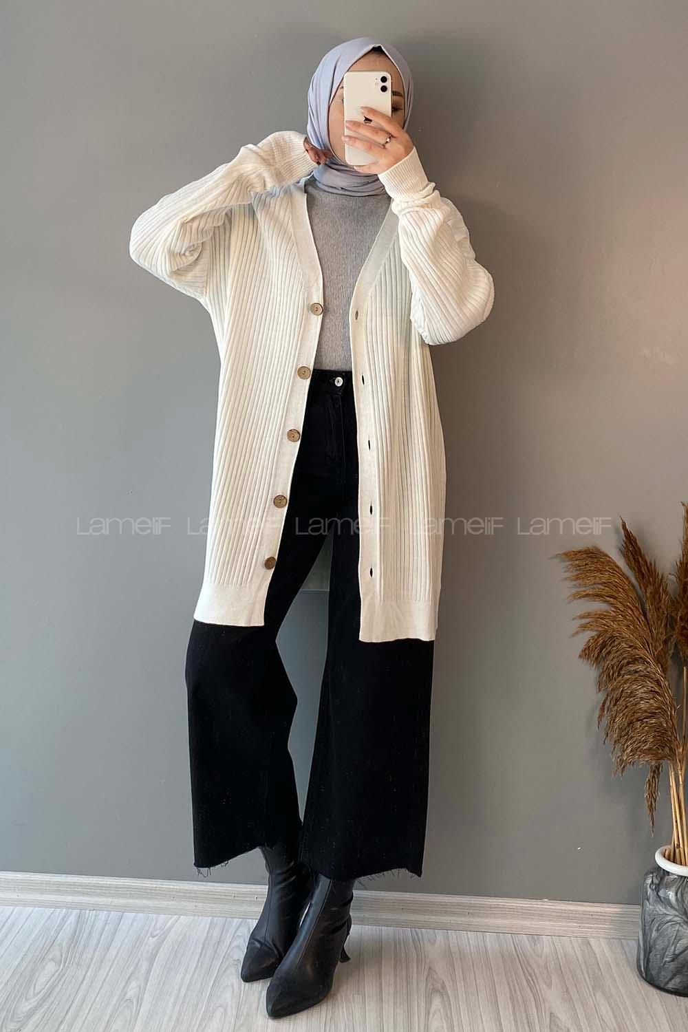 Modalamelif Düz Renk Fitilli Hırka Ekru