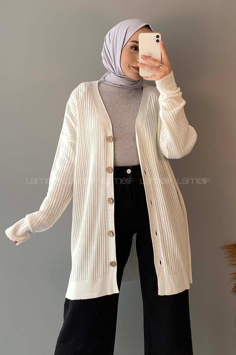 Modalamelif Düz Renk Fitilli Hırka Ekru