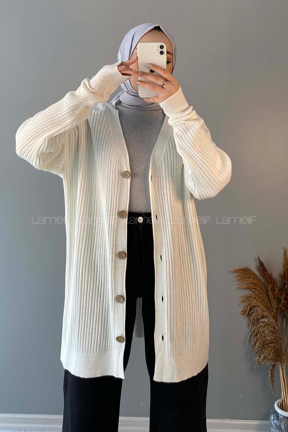 Modalamelif Düz Renk Fitilli Hırka Ekru