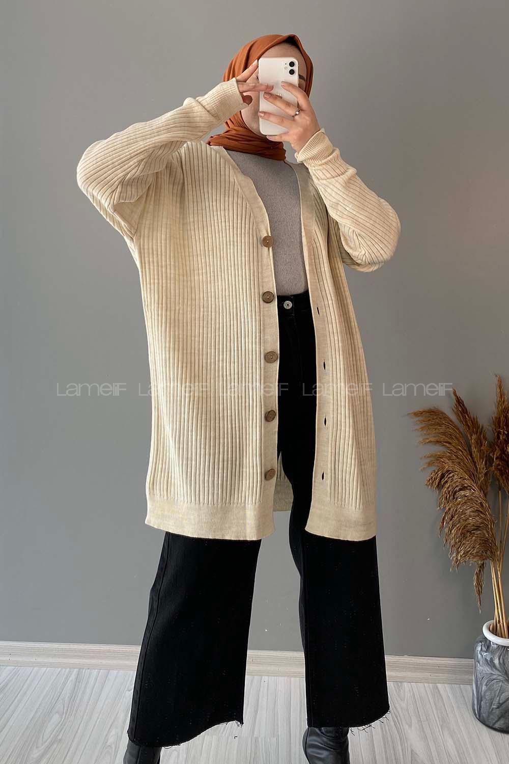 Modalamelif Düz Renk Fitilli Hırka Krem