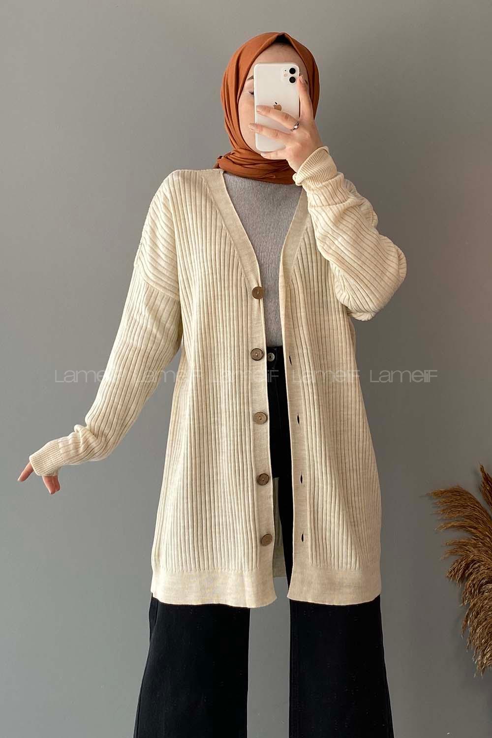 Modalamelif Düz Renk Fitilli Hırka Krem