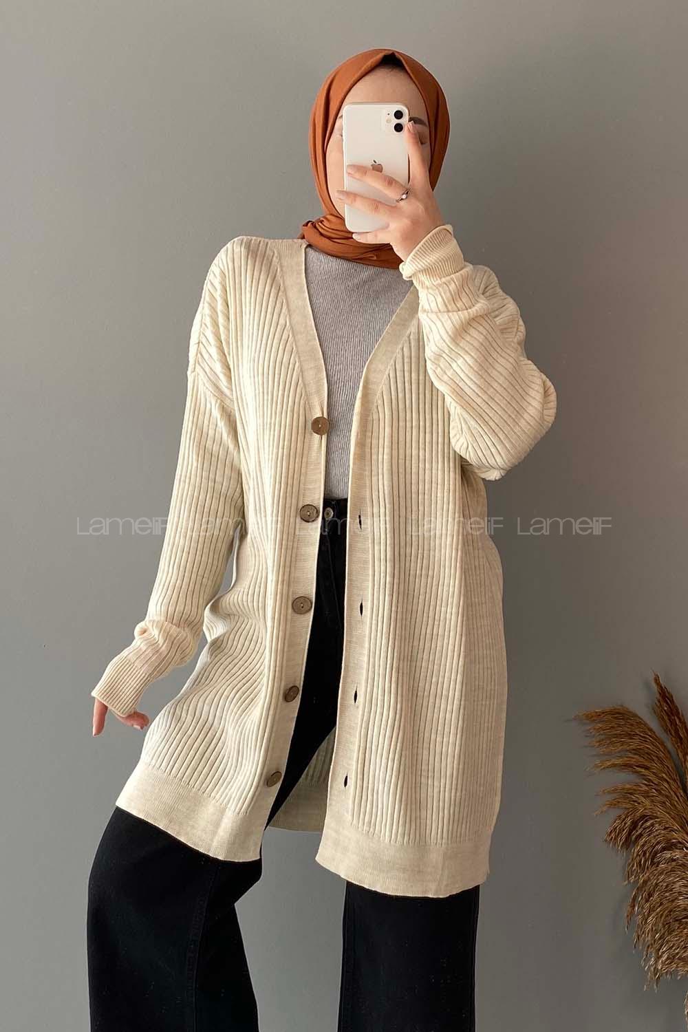 Modalamelif Düz Renk Fitilli Hırka Krem