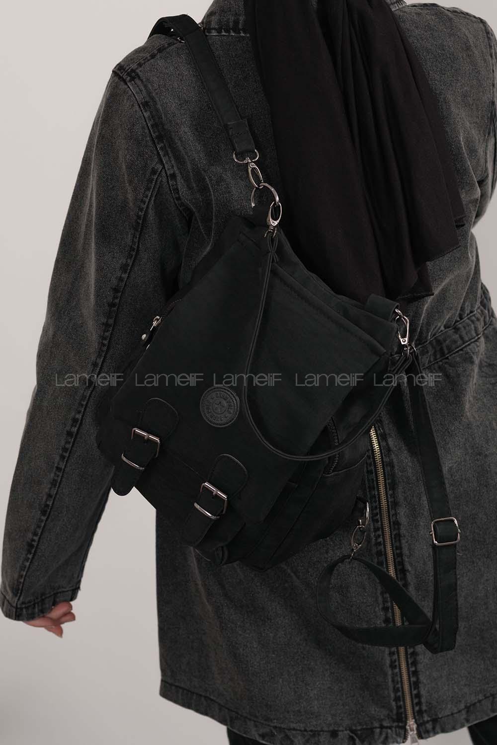 Lamelif  Krinkıl Kumaş Sırt Ve Kol Çantası Siyah