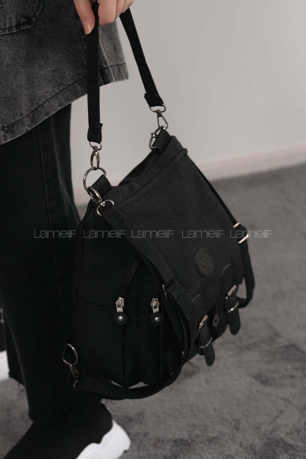 Lamelif  Krinkıl Kumaş Sırt Ve Kol Çantası Siyah