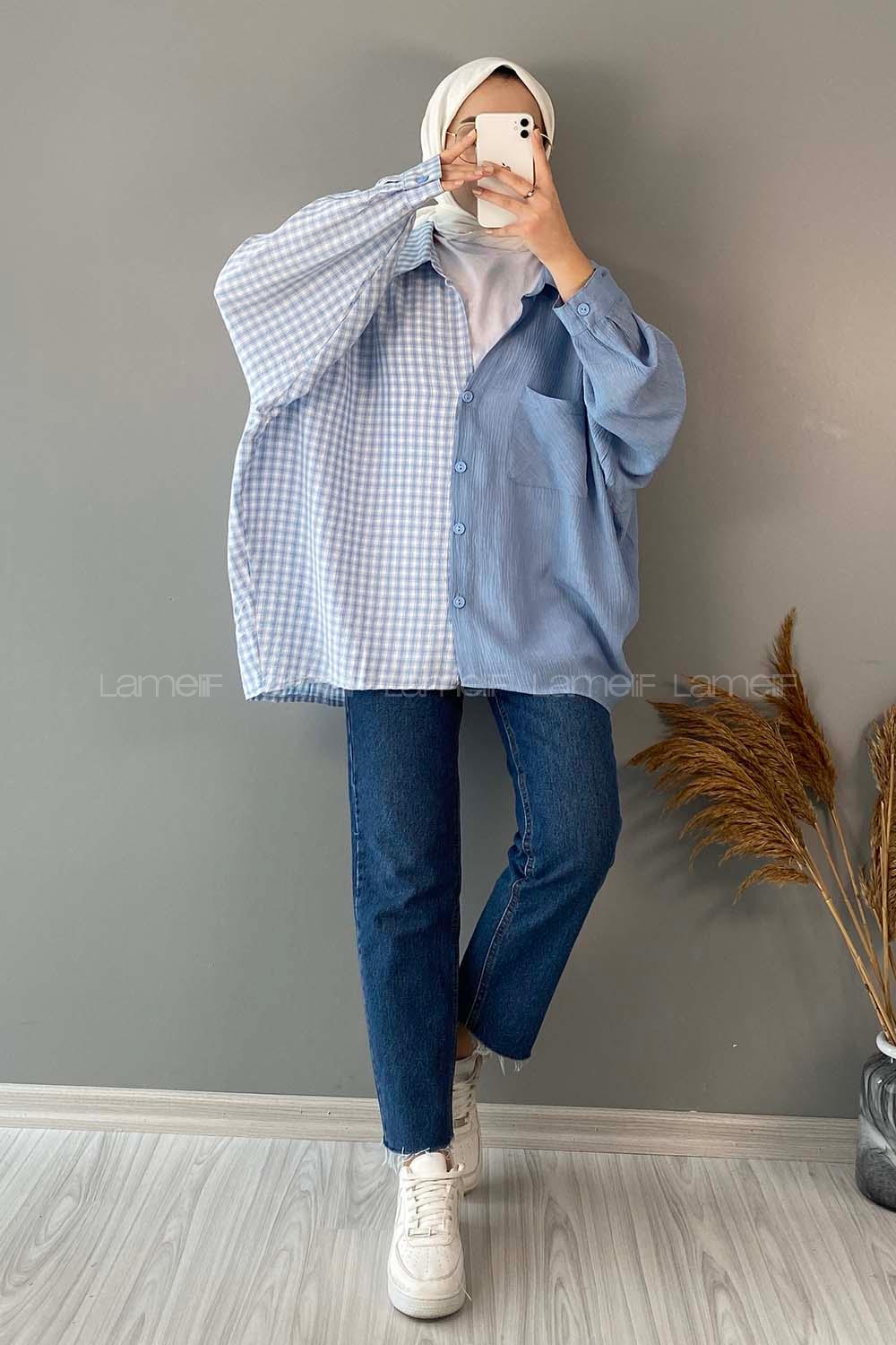 Modalamelif Oversize Ekose Gömlek Açık Mavi