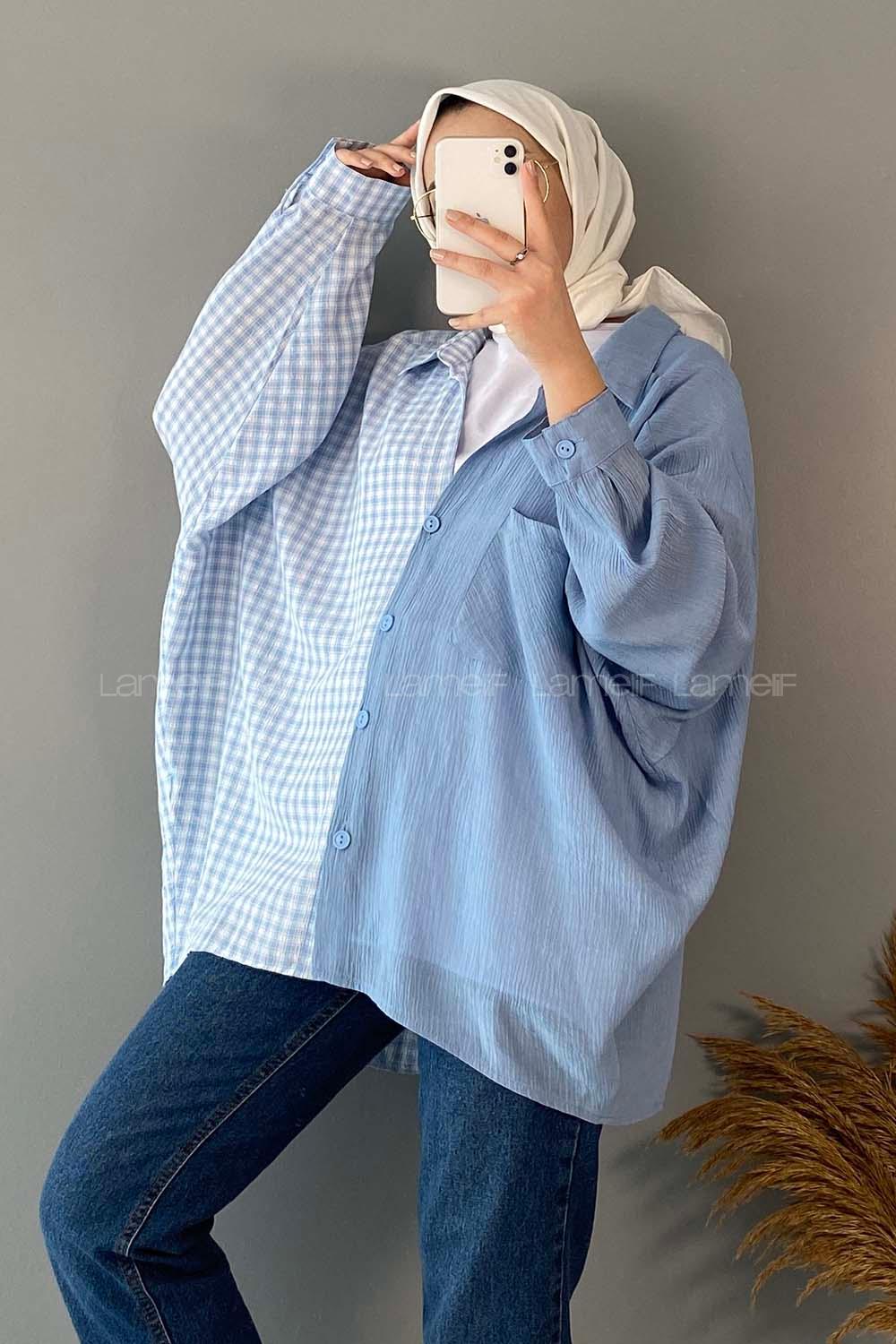 Modalamelif Oversize Ekose Gömlek Açık Mavi