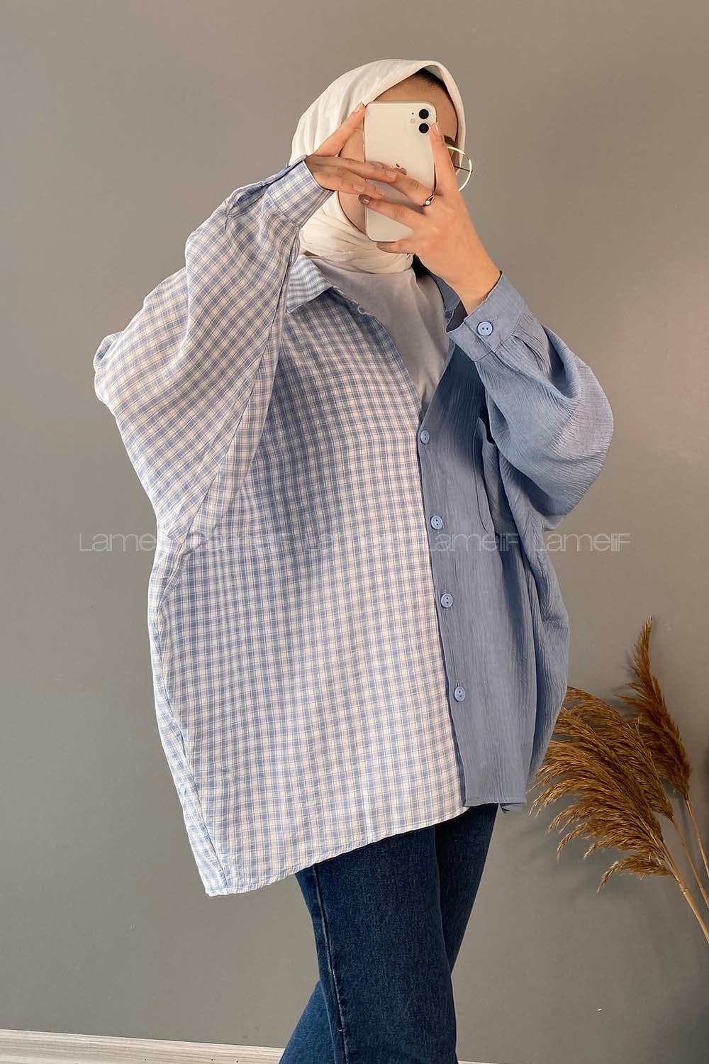 Modalamelif Oversize Ekose Gömlek Açık Mavi