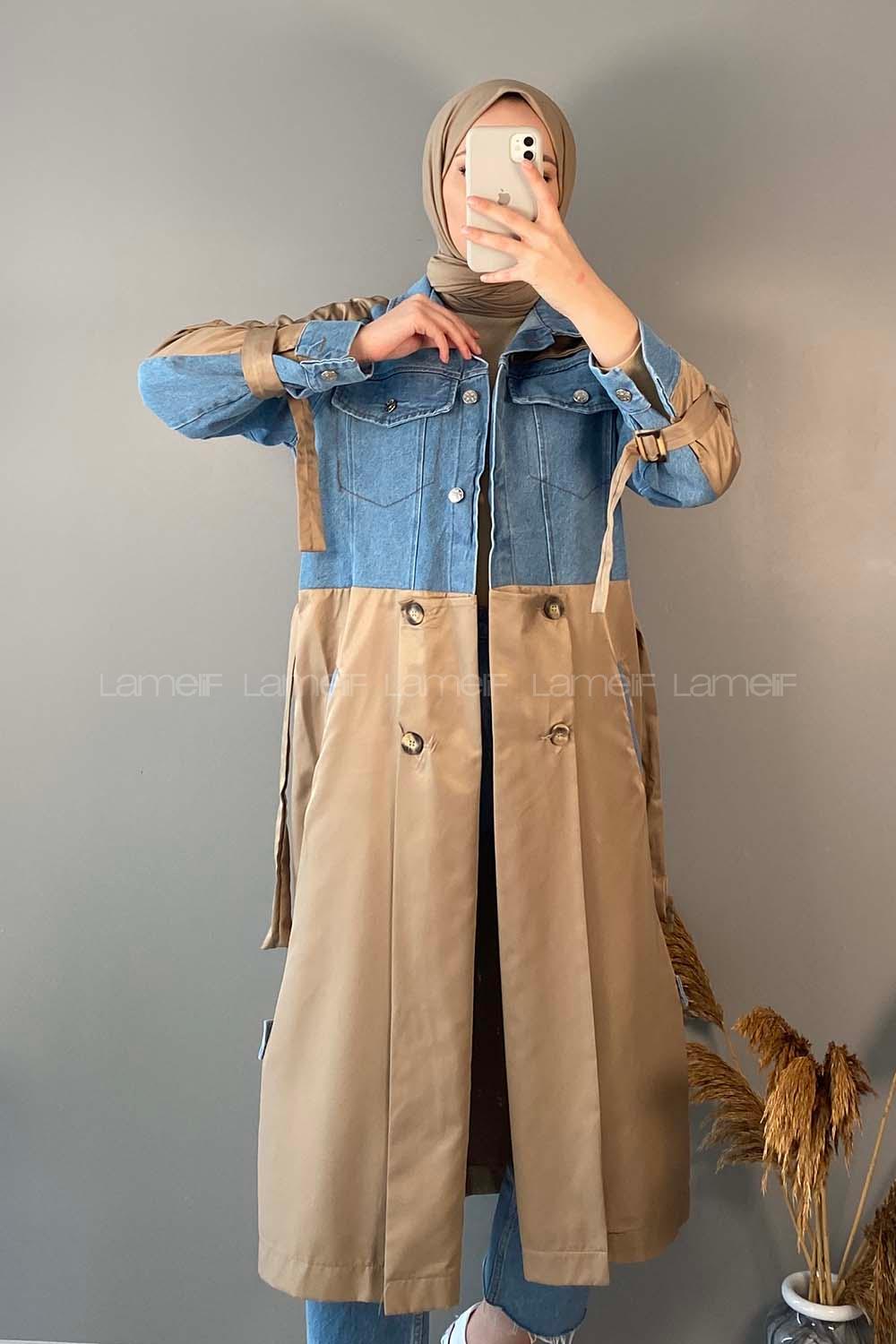 Modalamelif Belden Bağlamalı Kot Garnili Trenç Camel