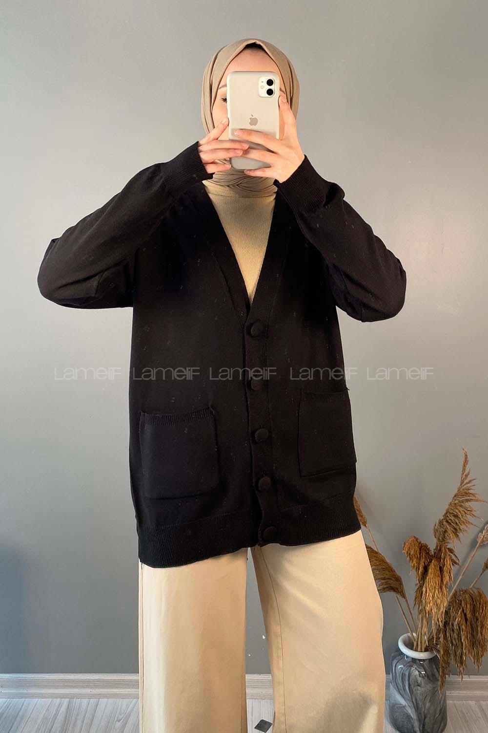 Modalamelif Kaplama Düğmeli Triko Hırka Siyah