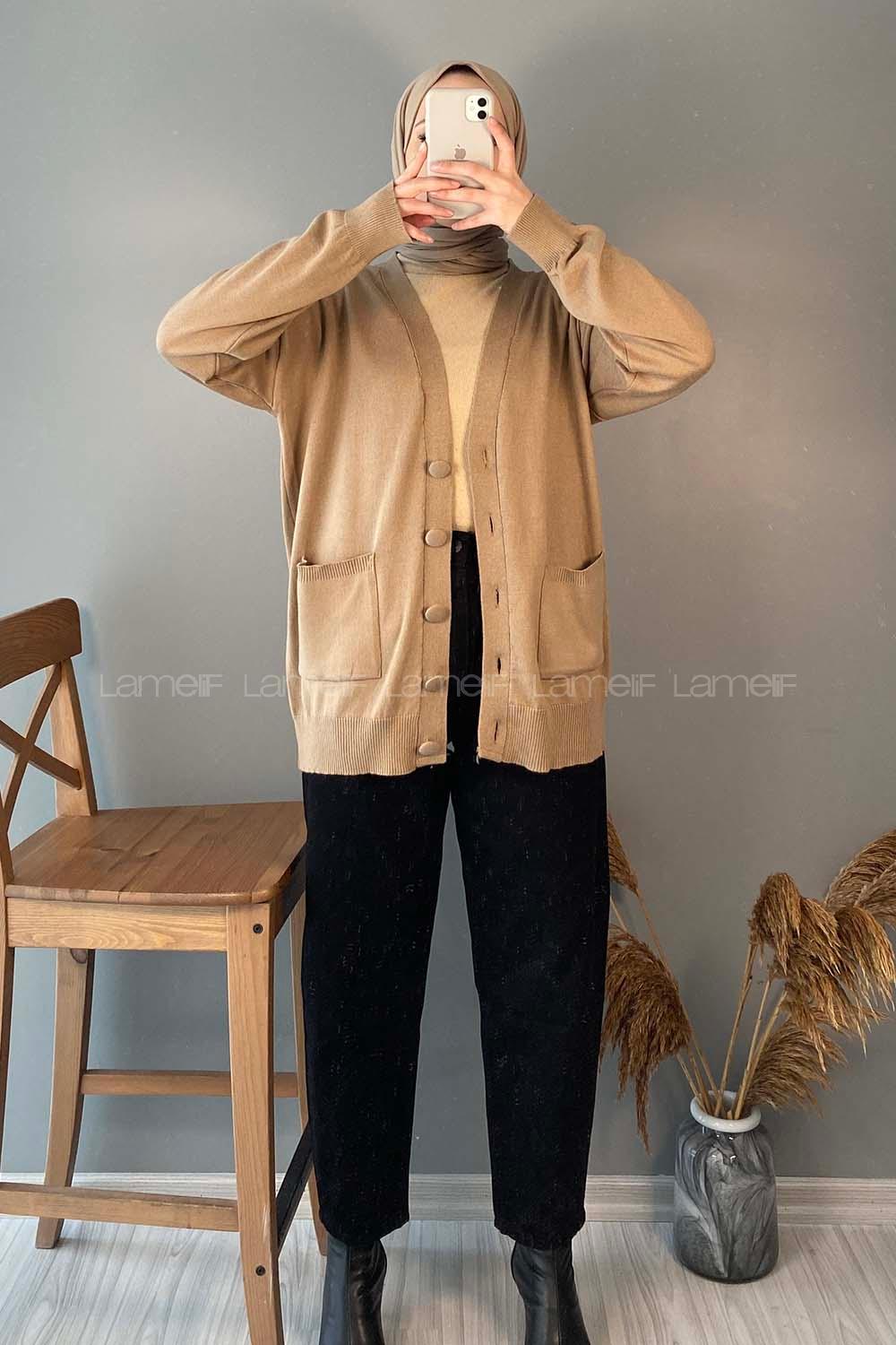 Modalamelif Kaplama Düğmeli Triko Hırka Sütü Kahve