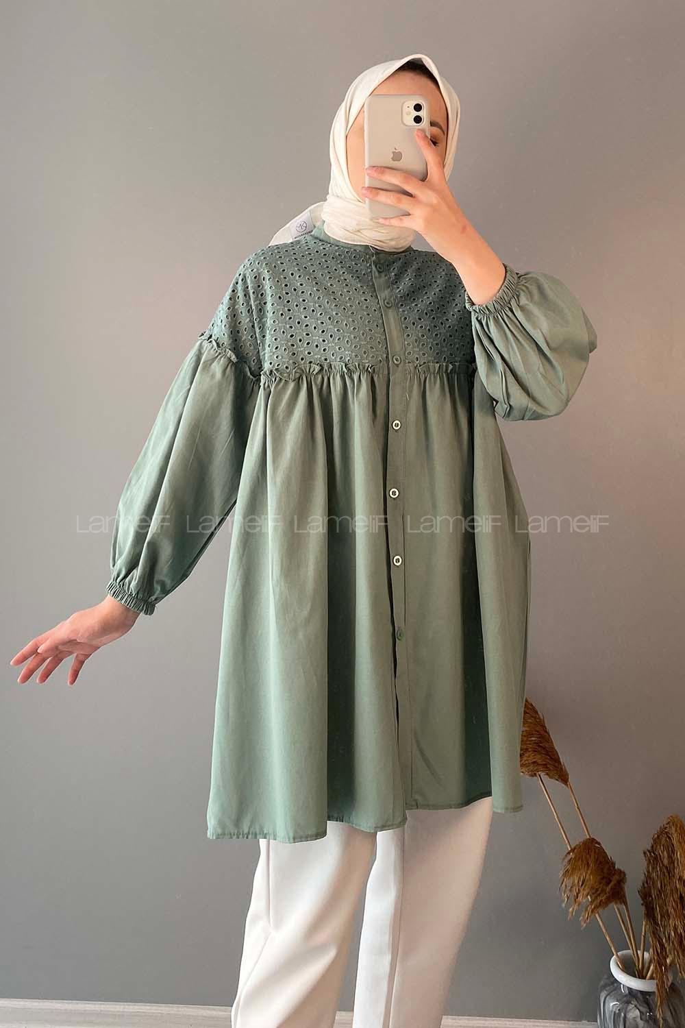 Modalamelif Yaka Fırfırlı Güpürlü Tunik Çağla