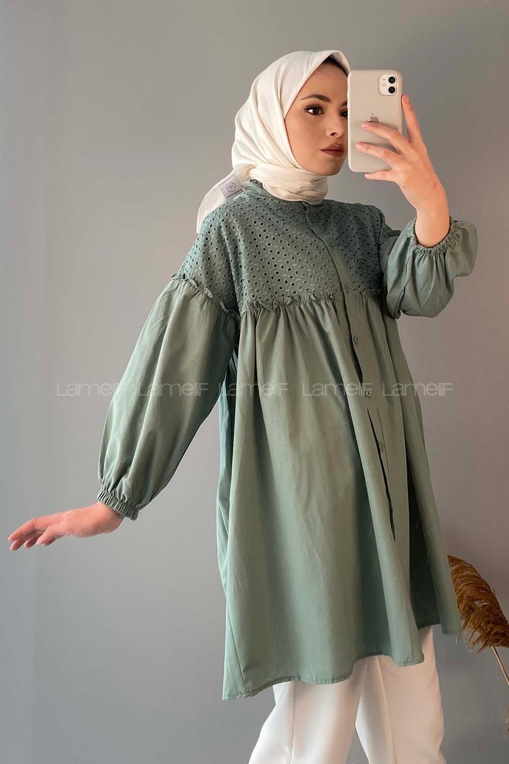 Modalamelif Yaka Fırfırlı Güpürlü Tunik Çağla