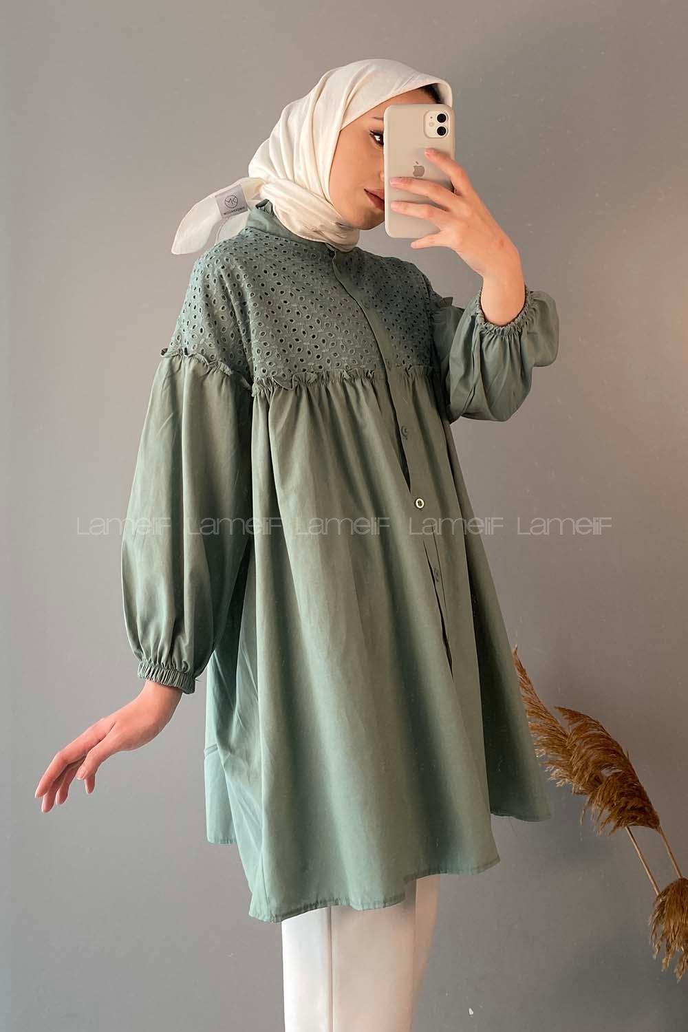 Modalamelif Yaka Fırfırlı Güpürlü Tunik Çağla