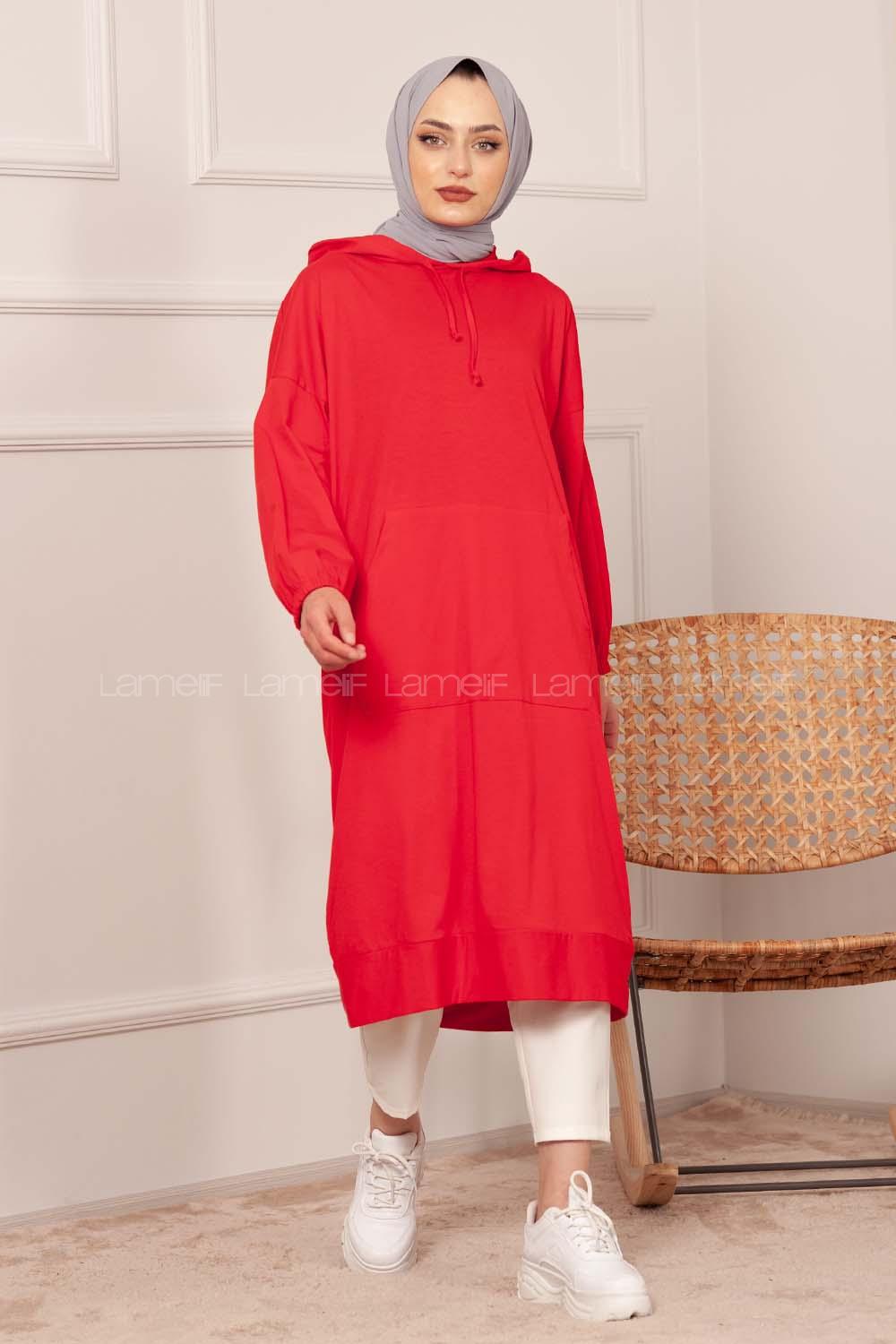 Modalamelif Cepli Kapşonlu Tunik Kırmızı