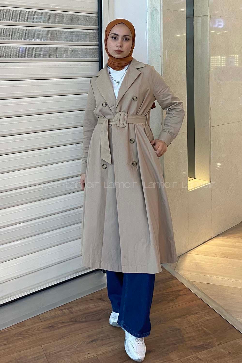 Modalamelif Önü Düğmeli Kemerli Trenç Bej