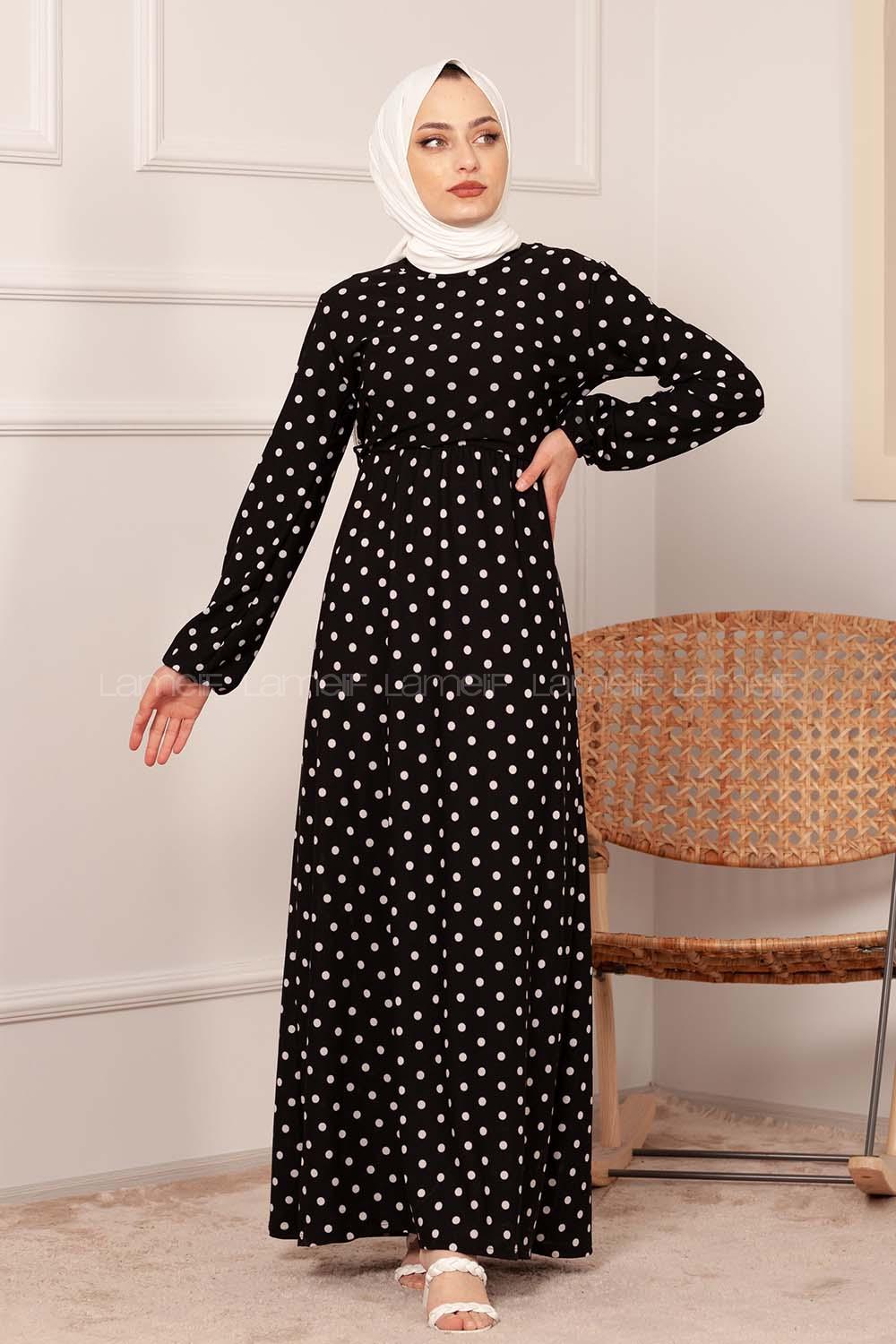 Modalamelif Puantiye Desenli Kemerli Elbise Siyah