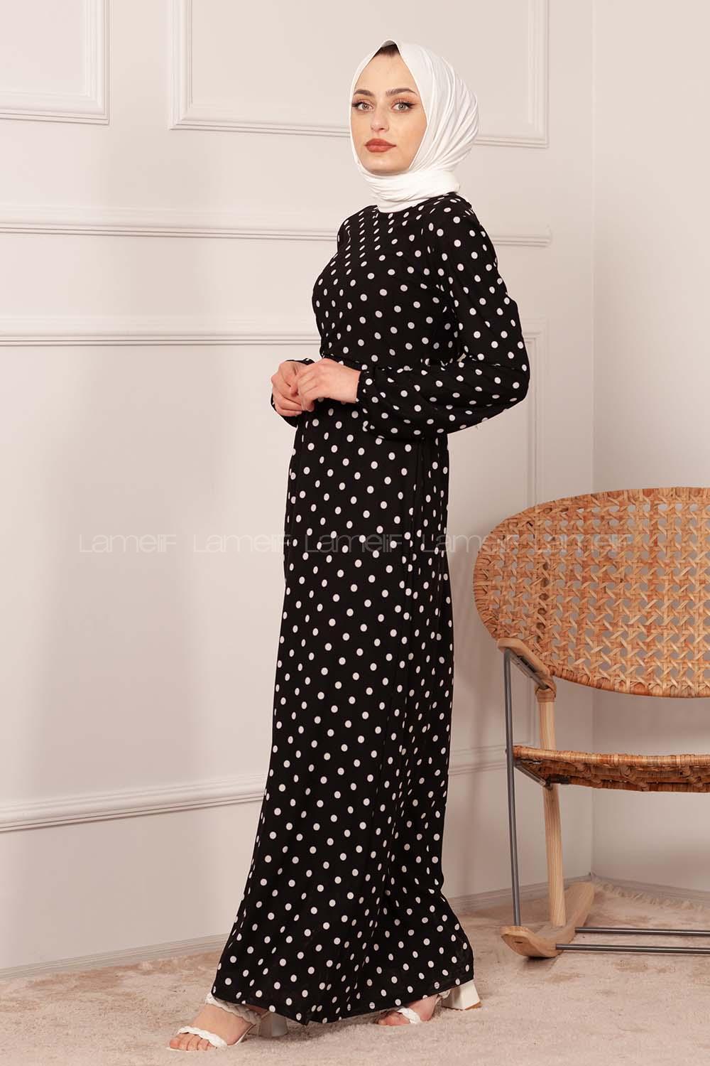 Modalamelif Puantiye Desenli Kemerli Elbise Siyah