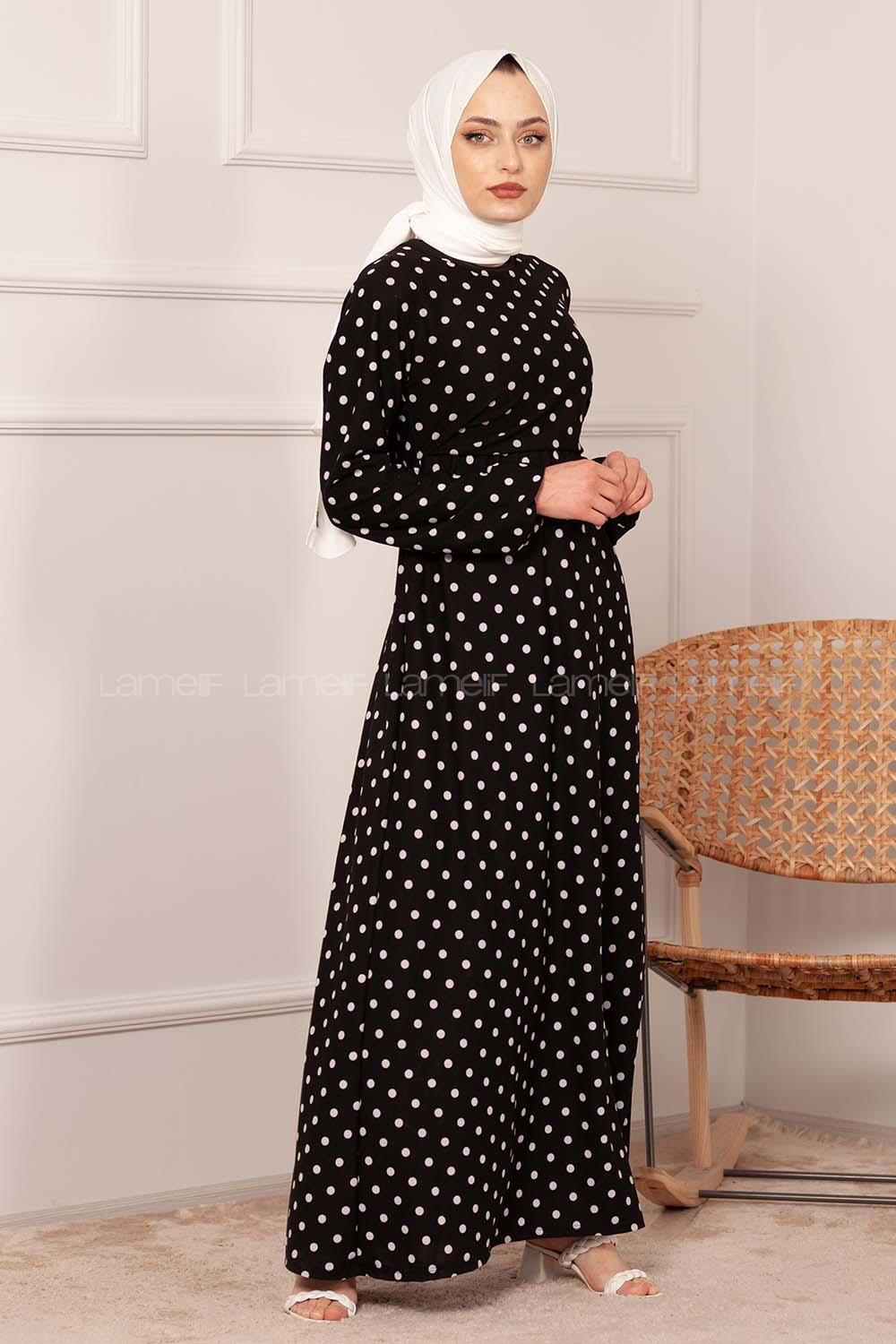 Modalamelif Puantiye Desenli Kemerli Elbise Siyah