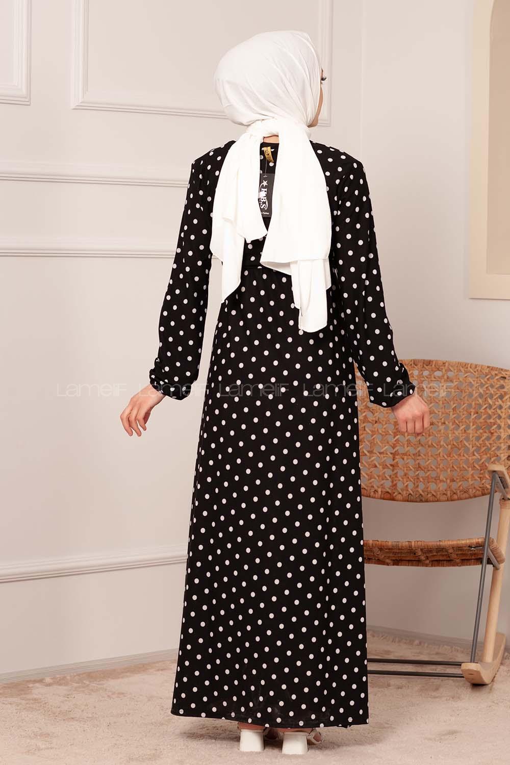 Modalamelif Puantiye Desenli Kemerli Elbise Siyah